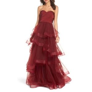 La Femme Strapless Layered Tulle Gown - Burgundy 6
